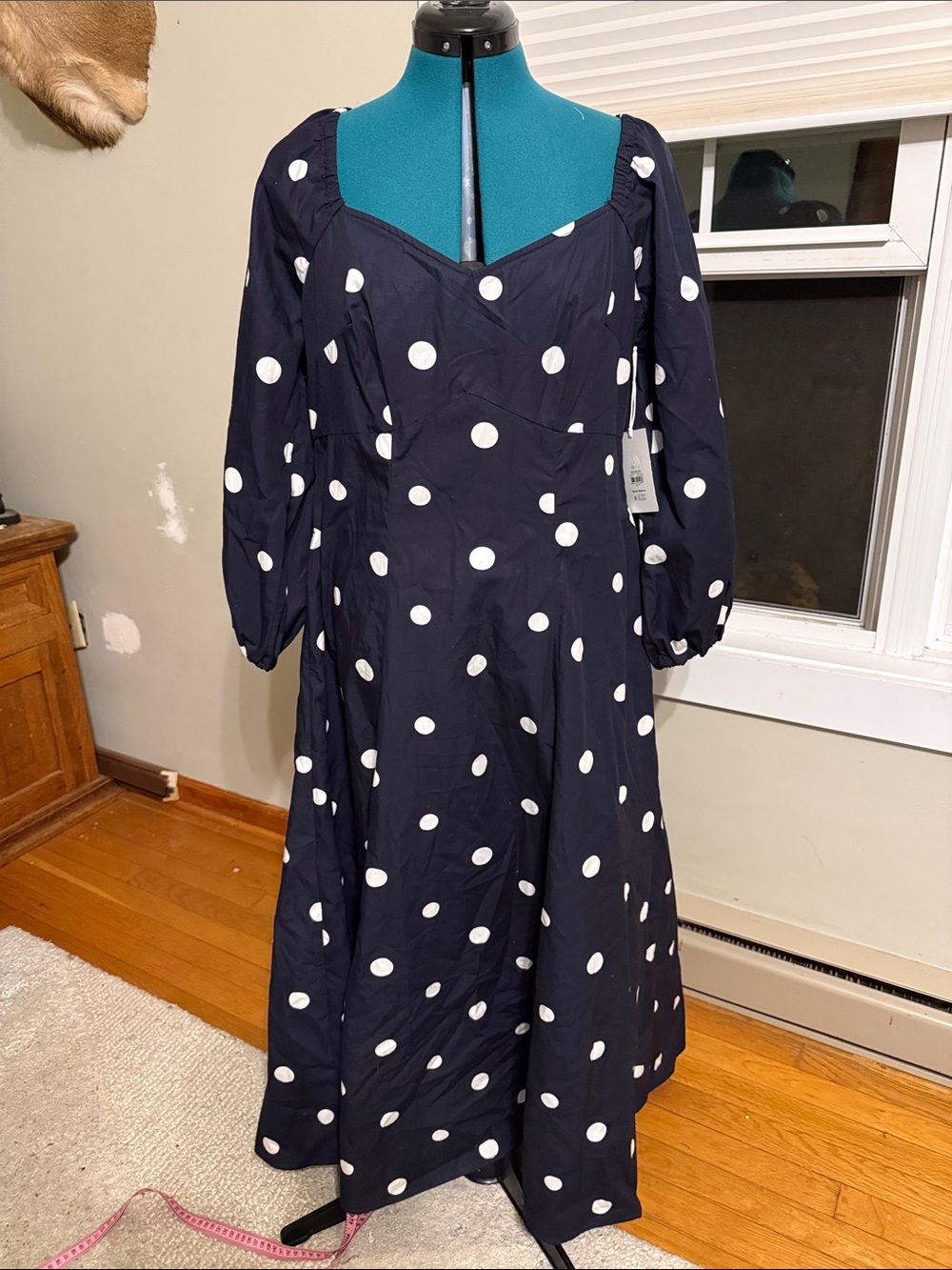 Women’s Navy Blue Polka Dot Midi Dress - Puff Sleeve